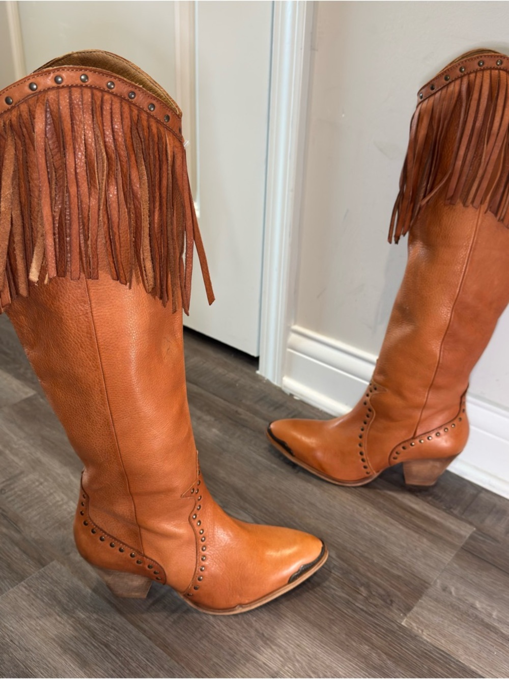 Maggie Sweet Trini Tall Western Brown Leather Fringe Boots